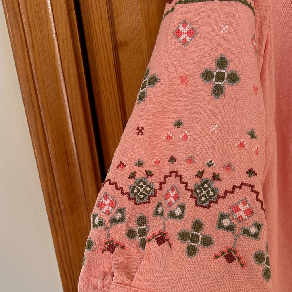 Canyon Retreat Coral Embroidered Linen Top Plus 2X New Button‑Down Roll‑Tab - Picture 5 of 11